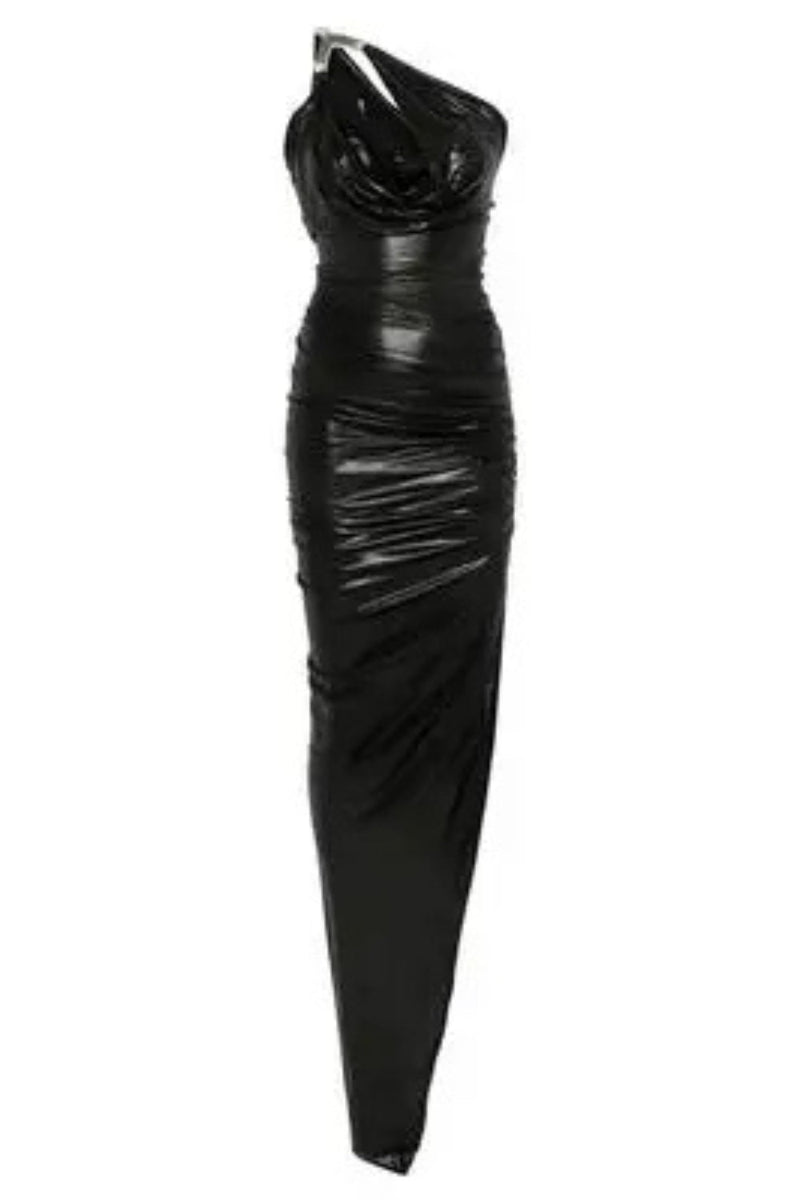 one-shoulder sleeveless ruched bodycon maxi dress in black