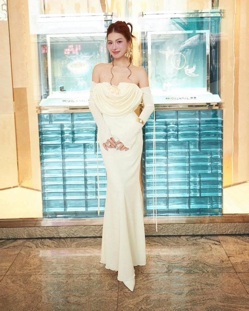 lila flower embellished pleated strapless maxi dress in white