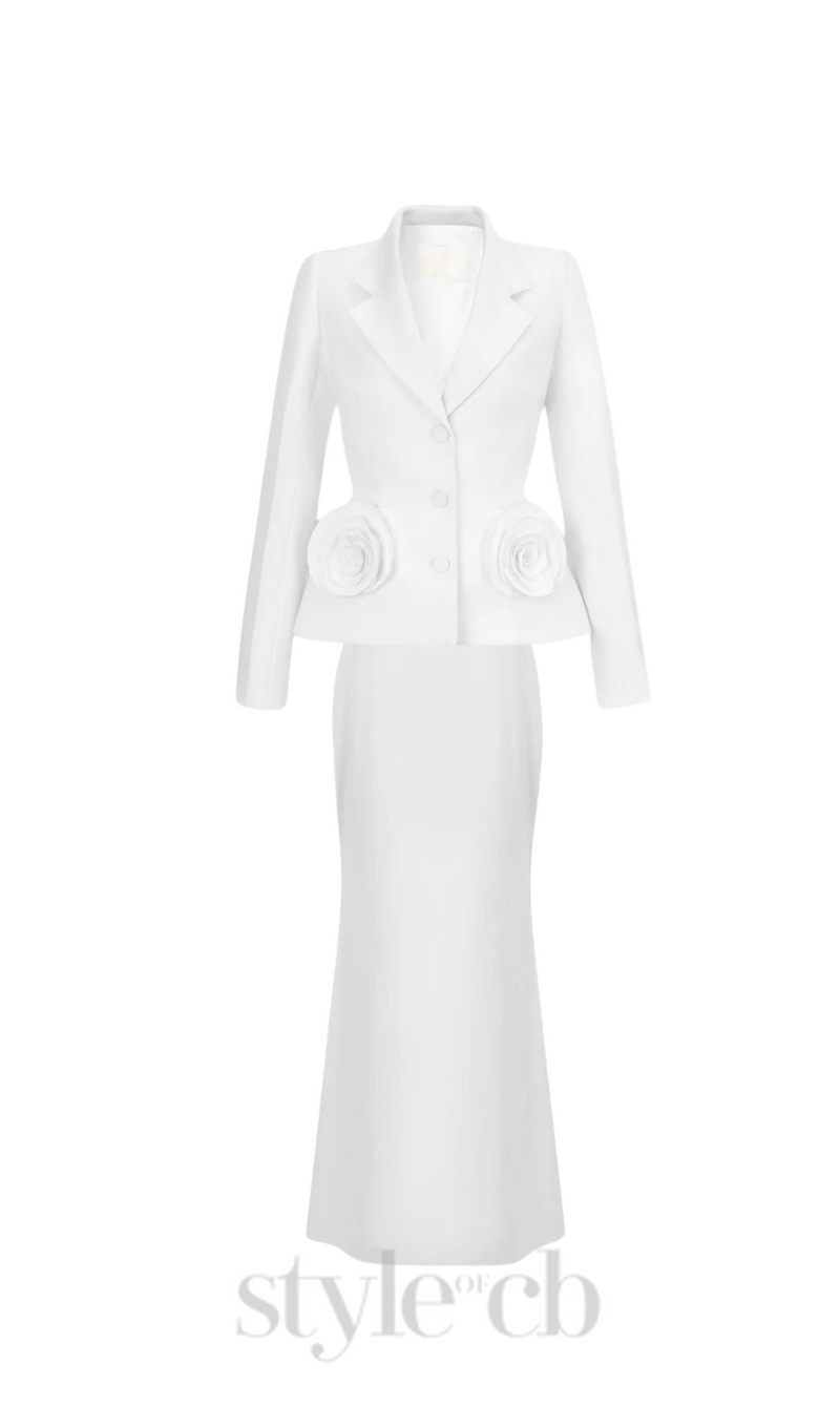flower embellished jacket skirt set in white