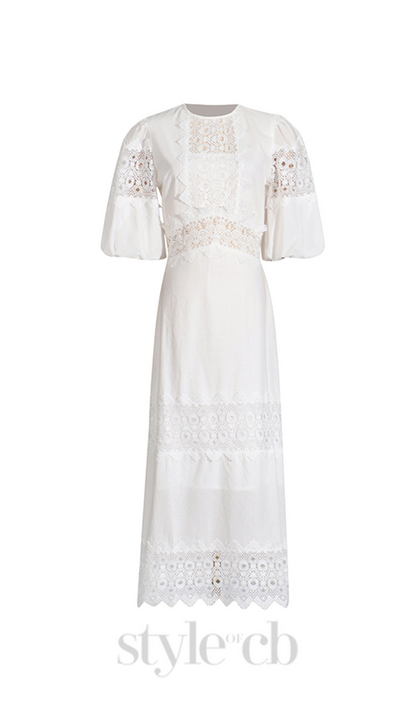 HAZEL WHITE EMBROIDERED ROUND NECK PUFF SLEEVE MIDI DRESS