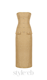 Elborno Gold Embellished Strapless Midi Dress