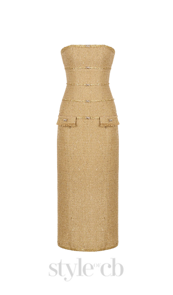 Elborno Gold Embellished Strapless Midi Dress