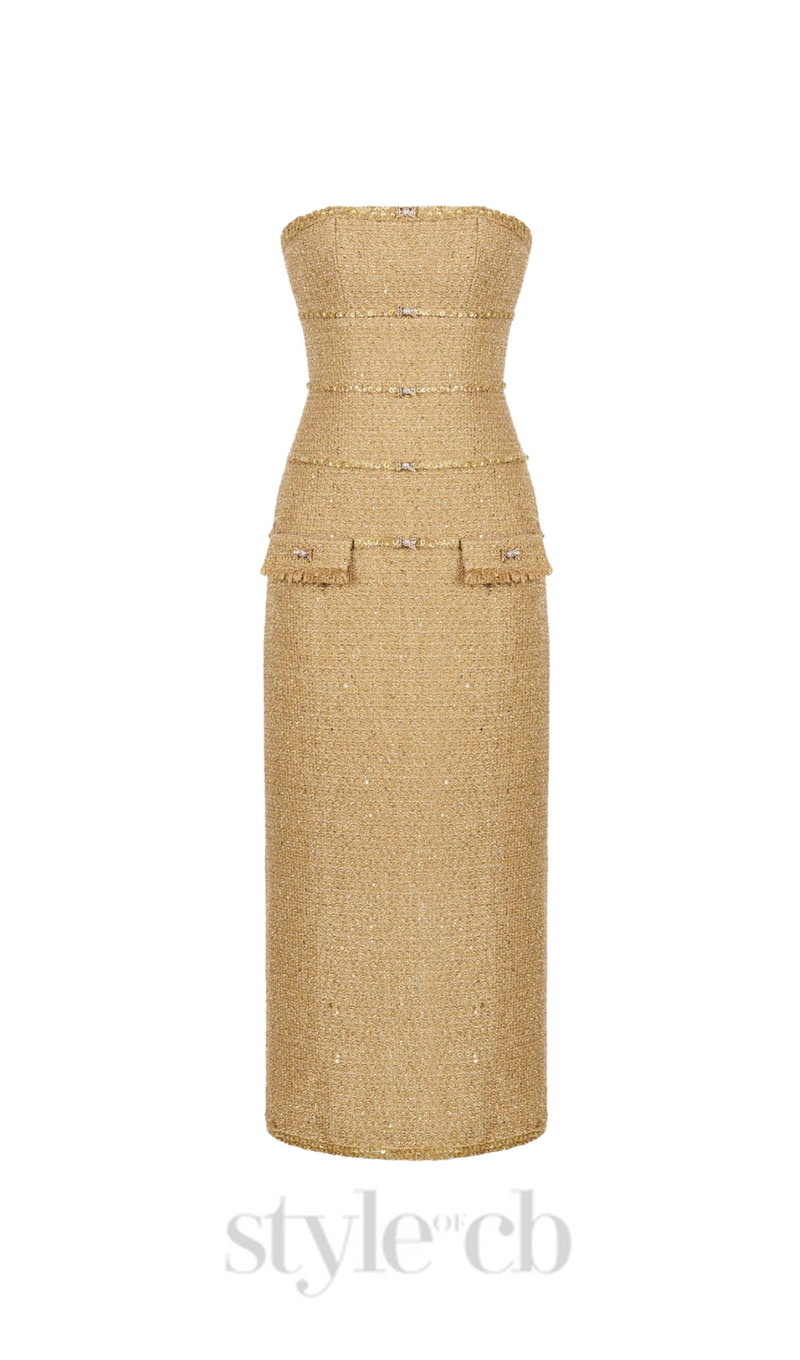 Elborno Gold Embellished Strapless Midi Dress