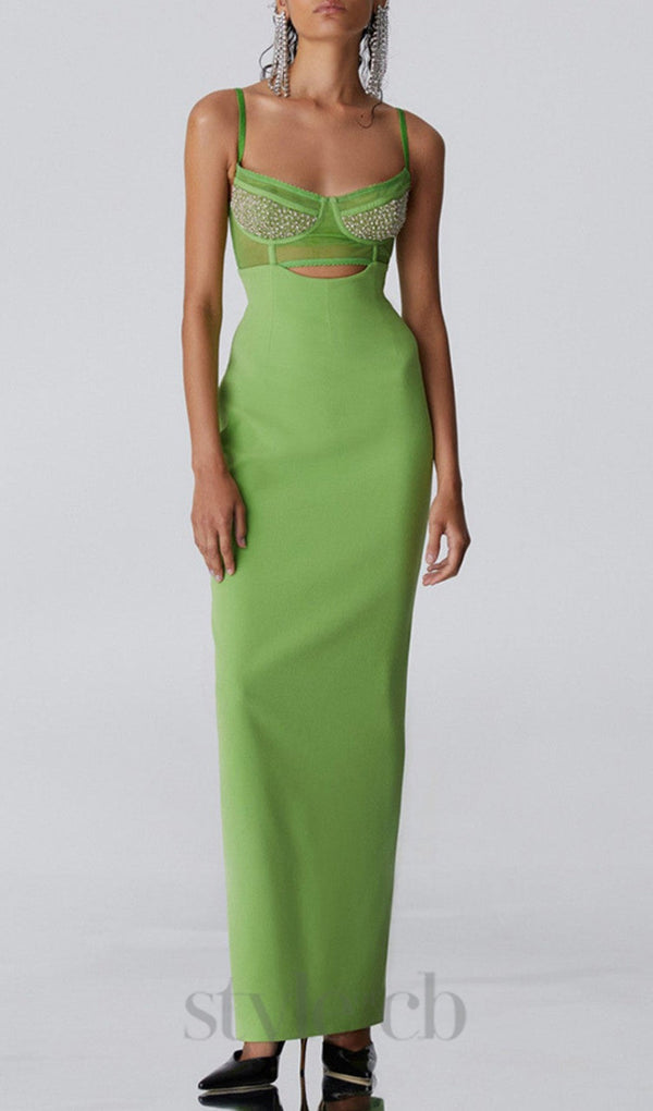 GREEN BEADING BANDAGE MIDI DRESS