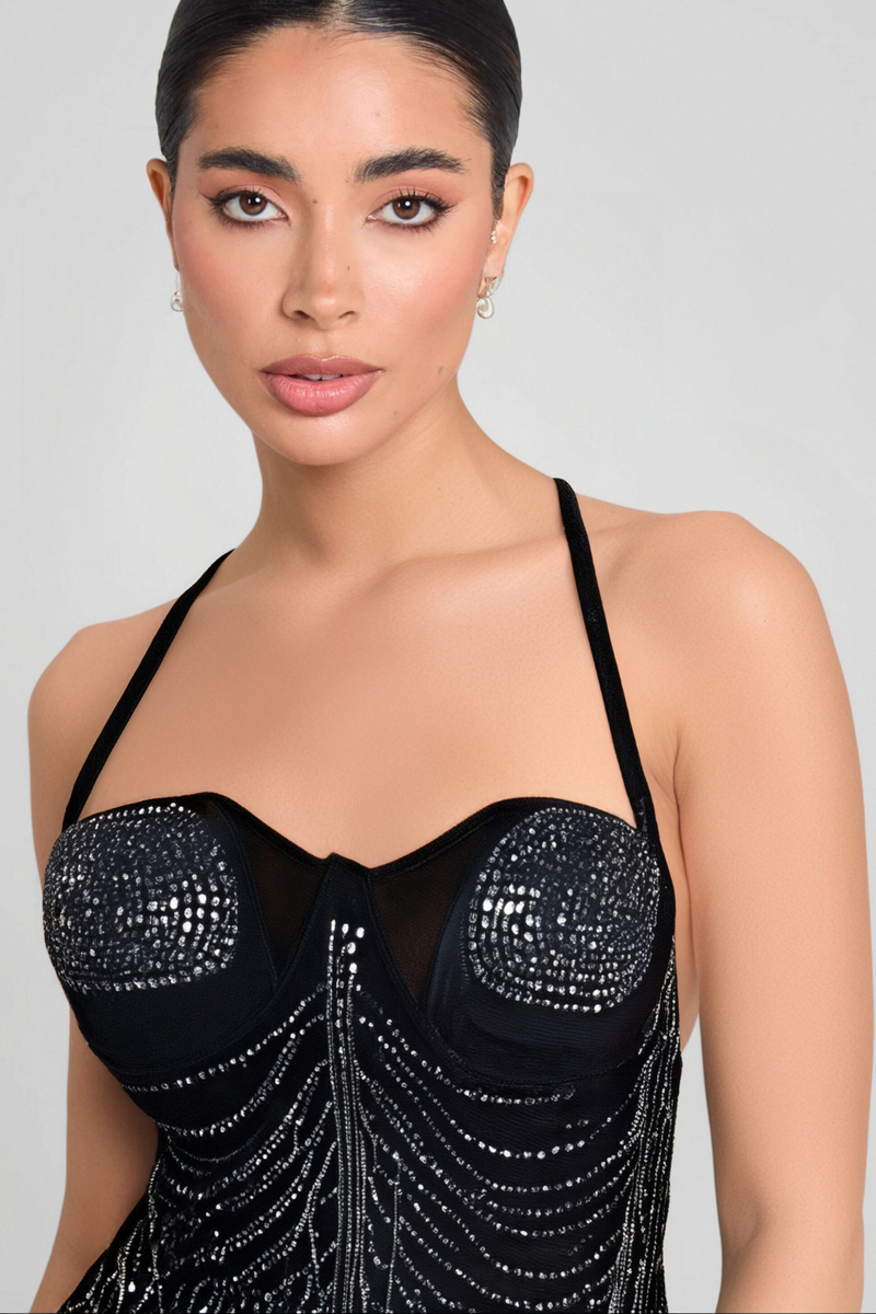 RHINESTONE EMBELLISHED MESH DRESS