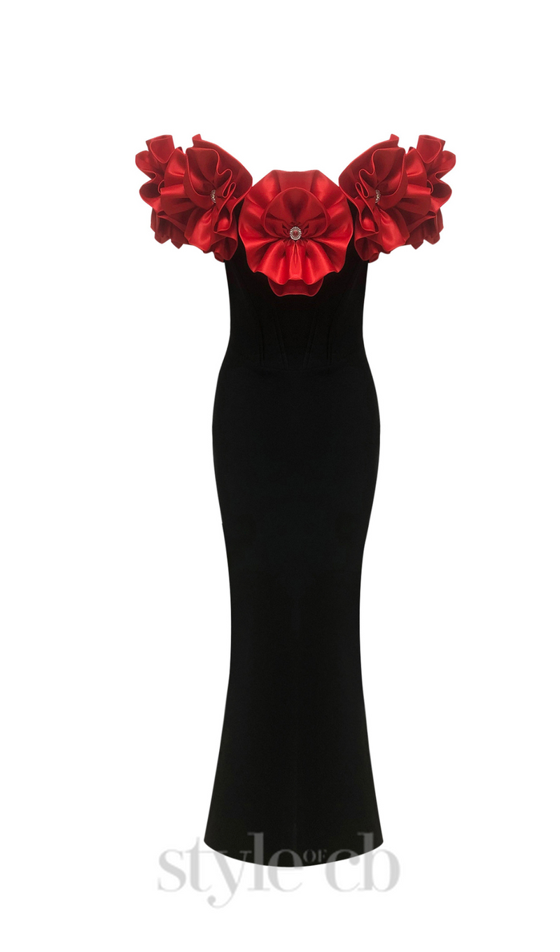 red flower embellished strapless Bandage maxi dress