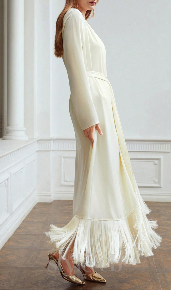 belted satin fringe-hem dress in beige