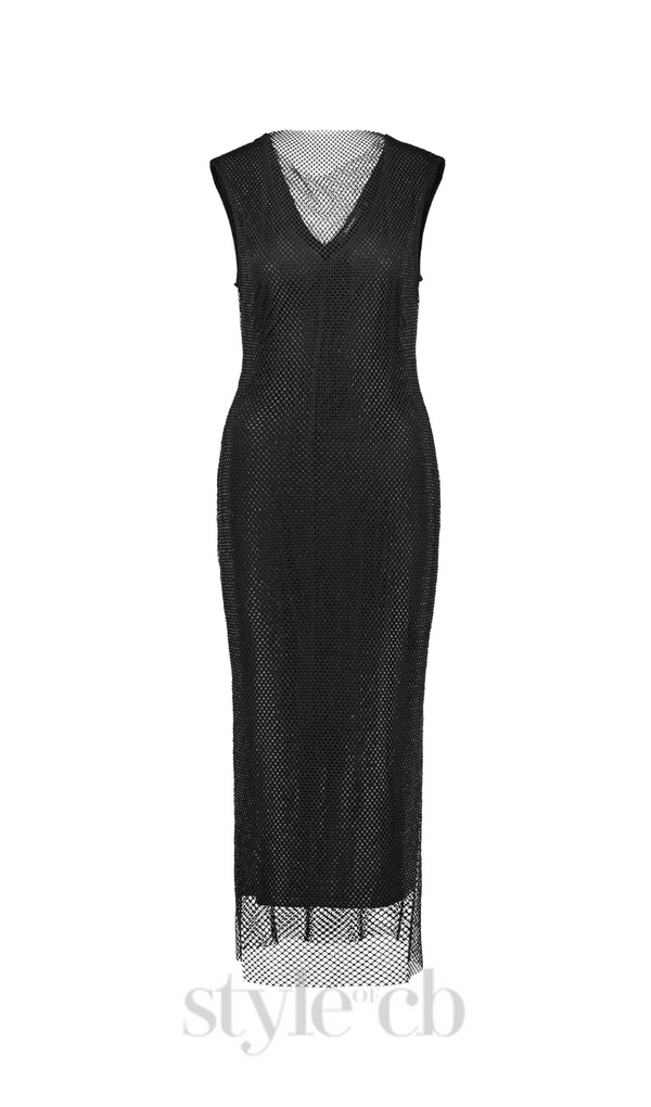 sleeveless mesh shift midi dress in black