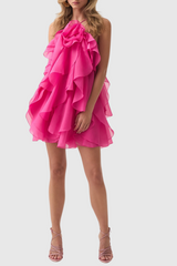 lorraine Halter Floral Ruffle Layered Mini Dress in Fuchsia