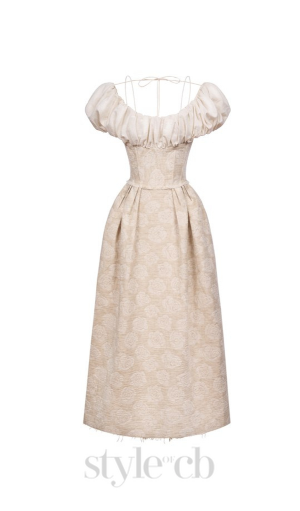 boat neck corset maxi dress in beige