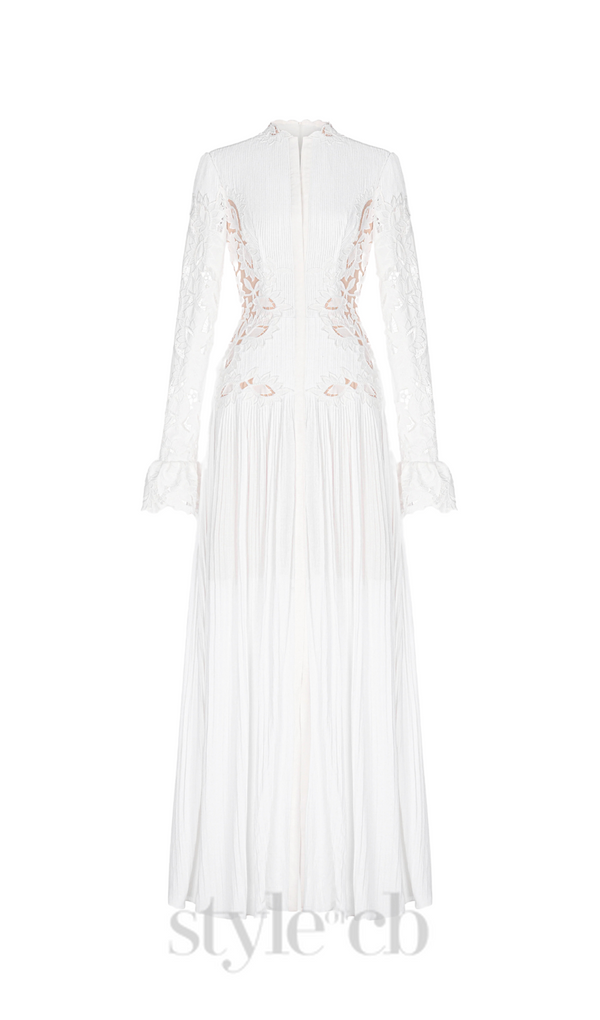 lace embroidered hollow maxi dress in white