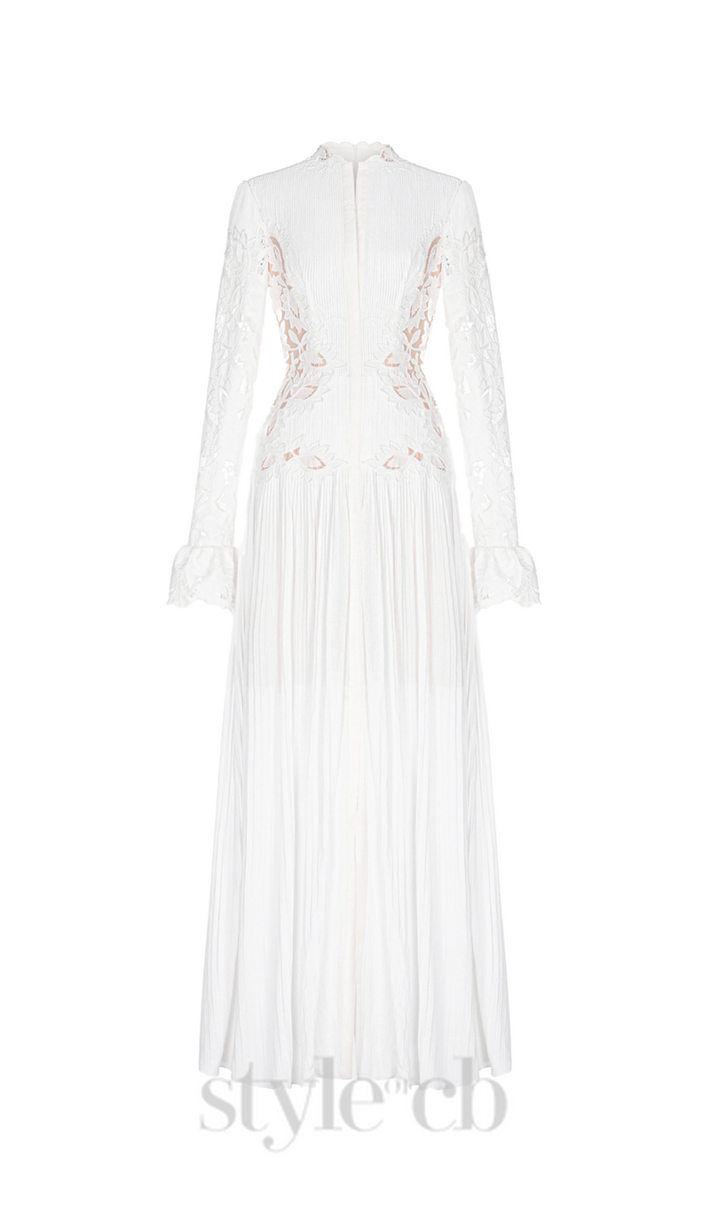 lace embroidered hollow maxi dress in white