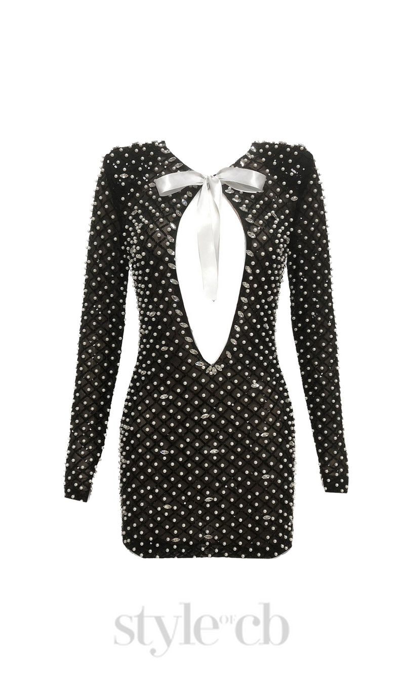 pearl embellished cut out bow mini dress in black