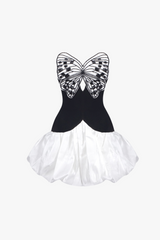 Butterfly Embroidered Bodice Puffball mini Dress in black