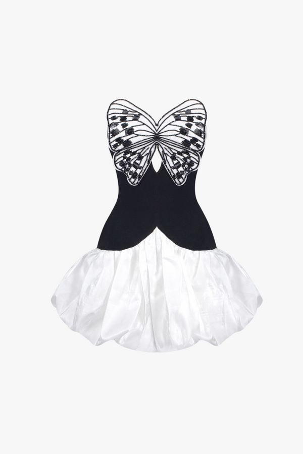 Butterfly Embroidered Bodice Puffball mini Dress in black