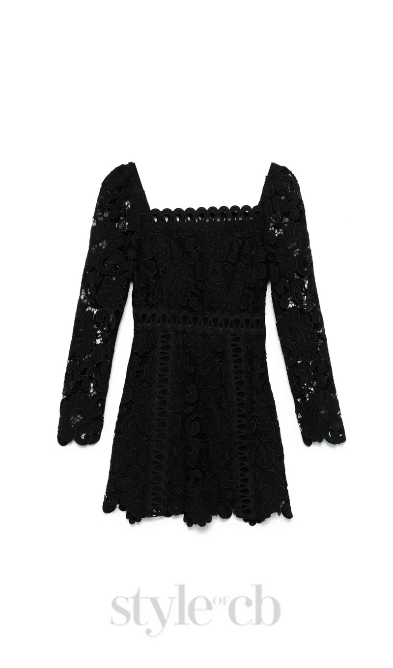 floral-motif hollow lace mini dress in black