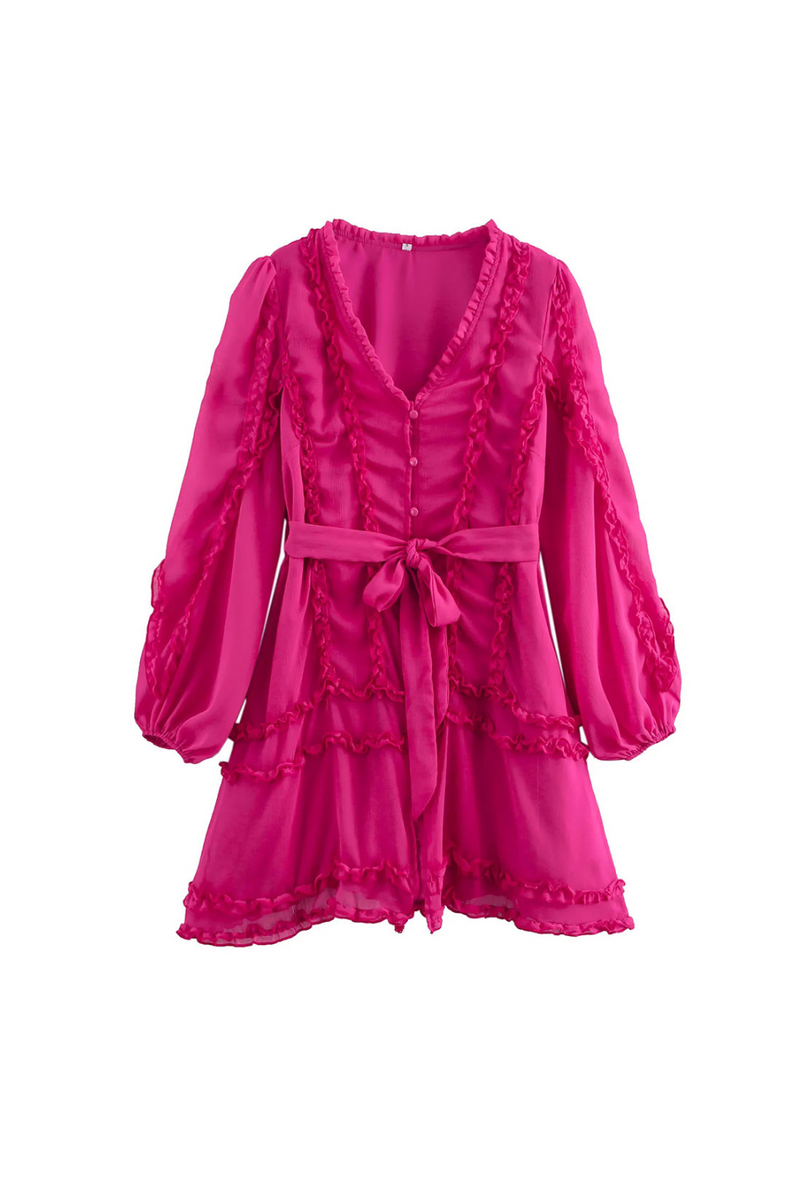 Lara Chiffon flower hem Mini Dress in rose red