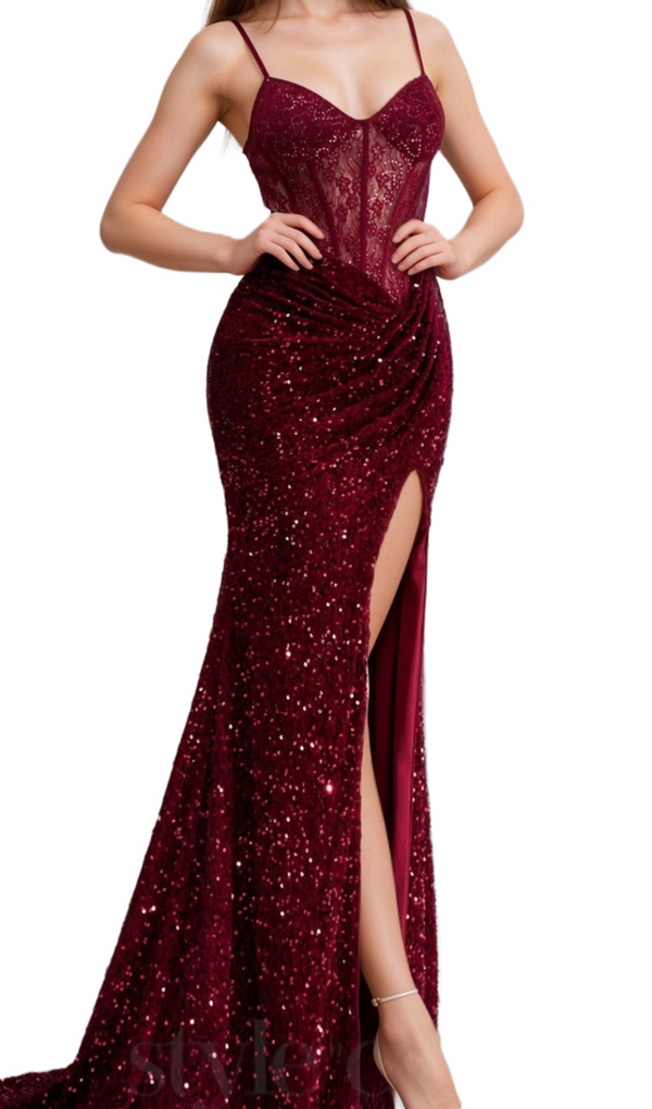 belinda lace corset sequin maxi dress in red