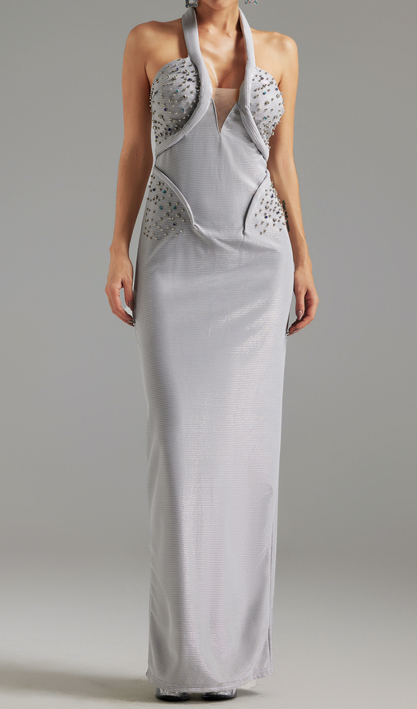 Diamond embellished Halter Maxi Dress in silver