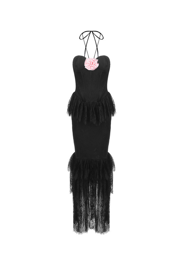 Lace Tiered flower Strapless Maxi Dress in black