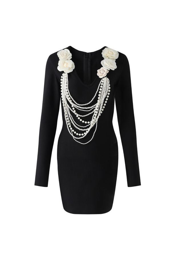 alisa pearl flower embellished bandage mini dress in black