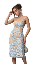 bblythe Avital Strapless Blue Flower Midi Dress