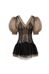 puff sleeve top lace skirt set in black