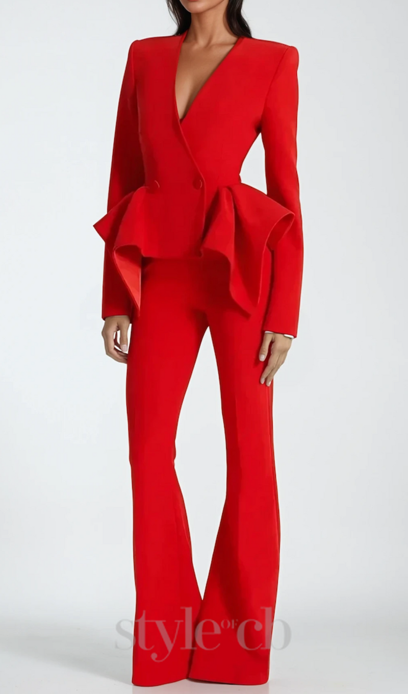 raya ruffled blazer pants set in red