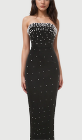 pearl-embellished strapless gown in black