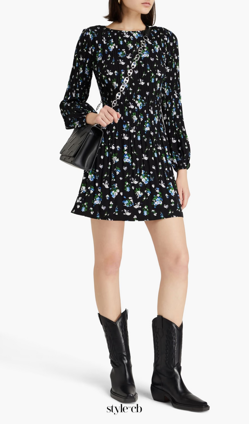 Floral-print plissé-crepe mini dress