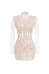 Lace jacquard fishbone bodycon mini dress in white