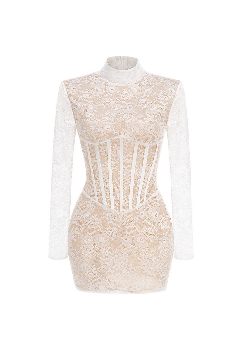 Lace jacquard fishbone bodycon mini dress in white