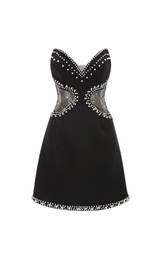 Symmetrical tulle pearl embellished mini dress in black