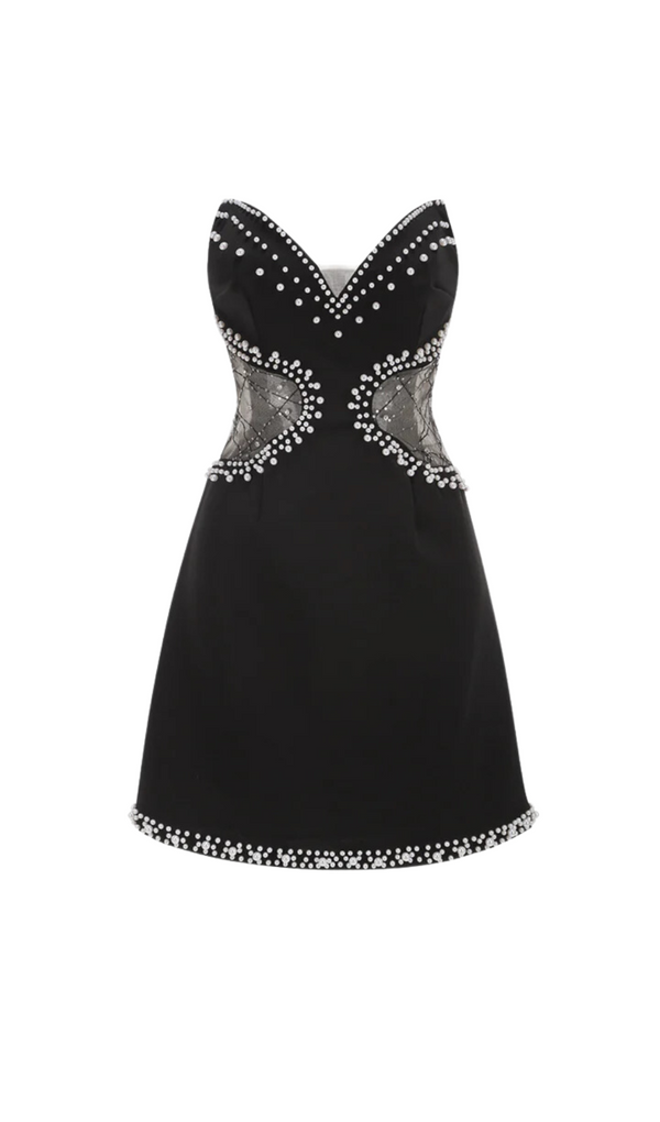 Symmetrical tulle pearl embellished mini dress in black