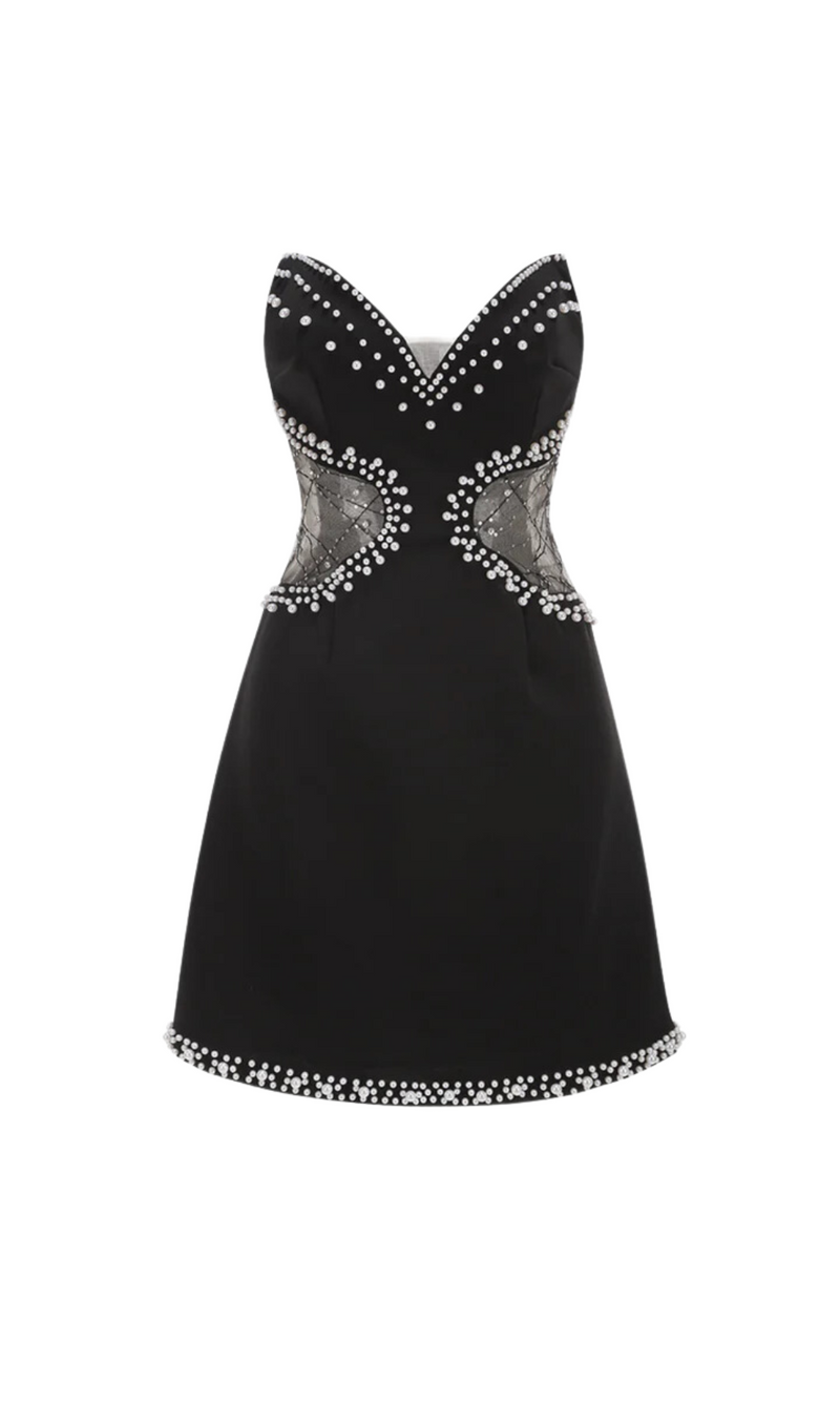 Symmetrical tulle pearl embellished mini dress in black