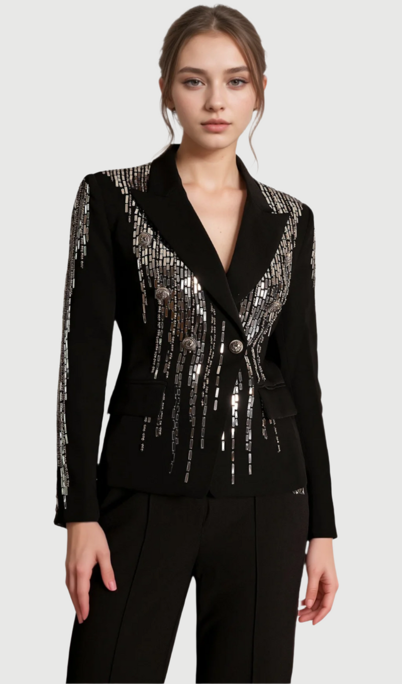 andrea Faidra Rhinestone Double Breasted Lapel Blazer in black
