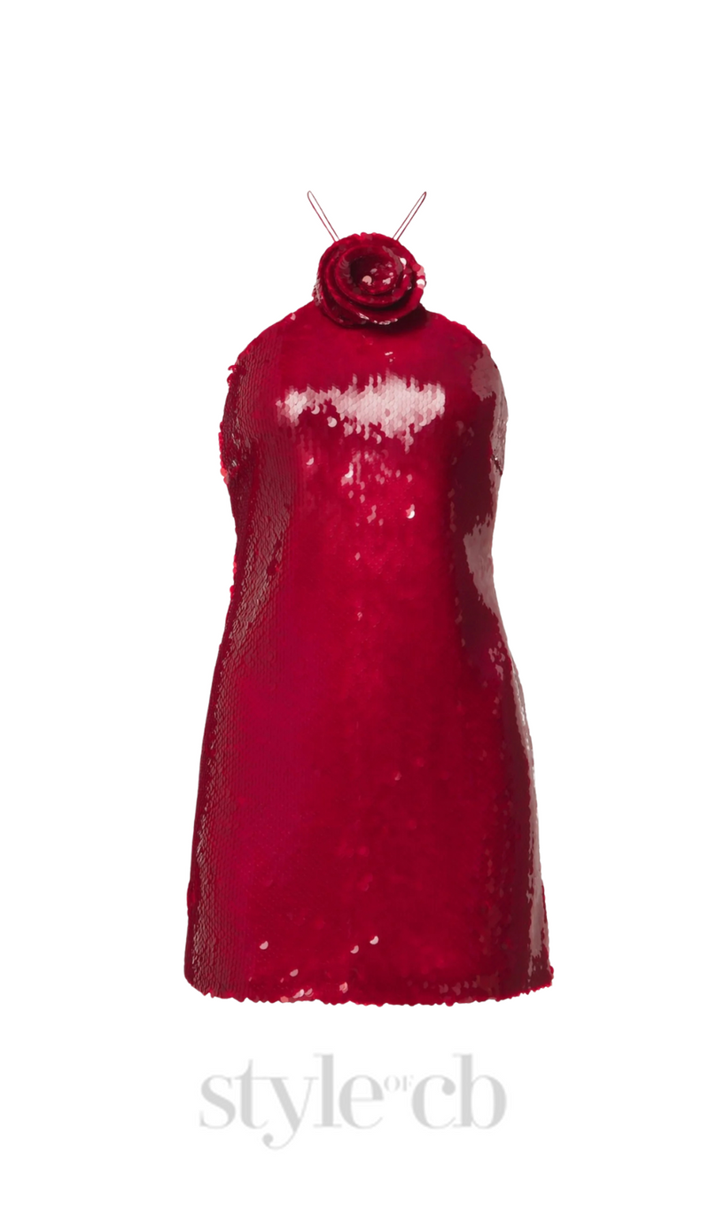 Cinwa Floral Appliqué Halter Sequin Mini Dress in Red