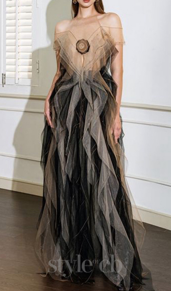 valerie floral ruffled tulle maxi dress in black