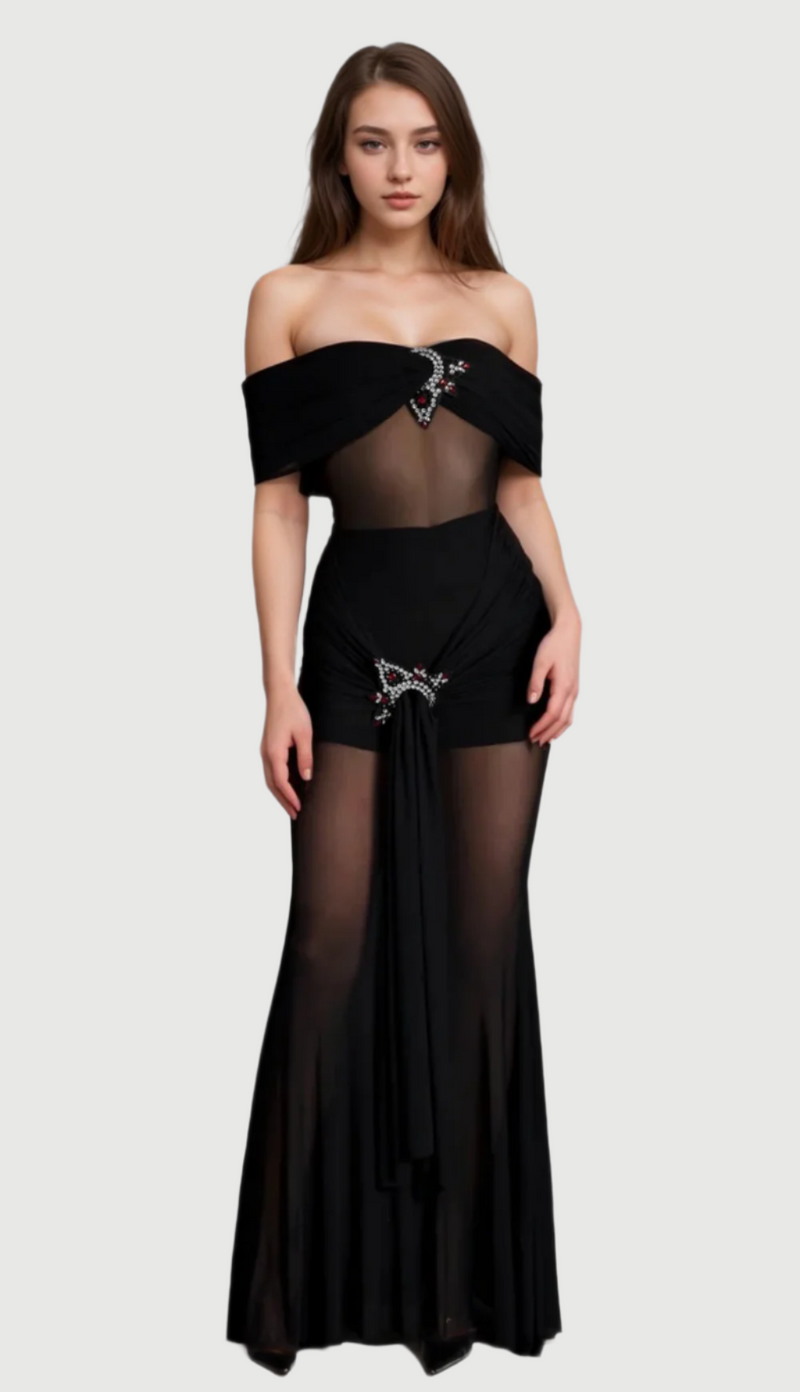 LOGILIS CRYSTAL SHEER MESH DRESS IN BLACK