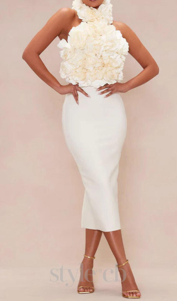 flower bandage midi dress in white