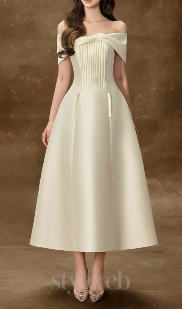 hebera a-line off-shoulder midi dress in cream