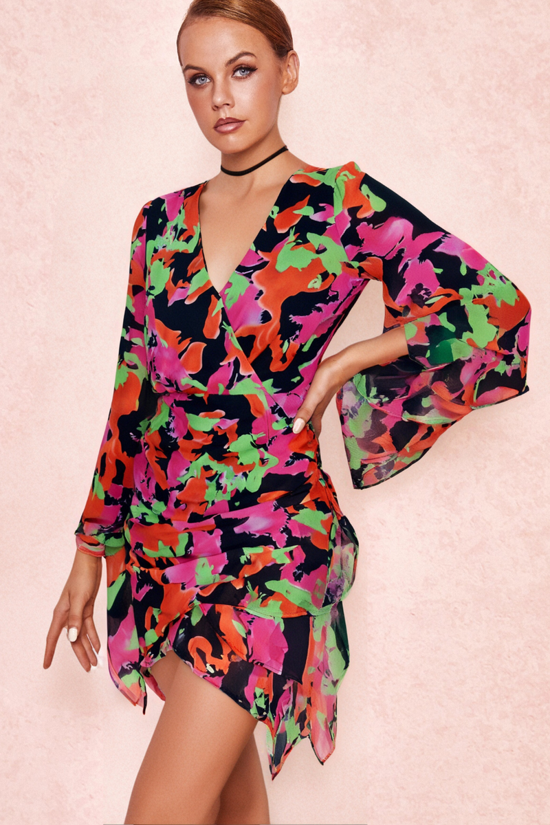 PRINTED RUFFLE MESH DRESS