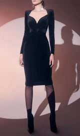 BLACK VELVET SATIN V-NECK DRESS