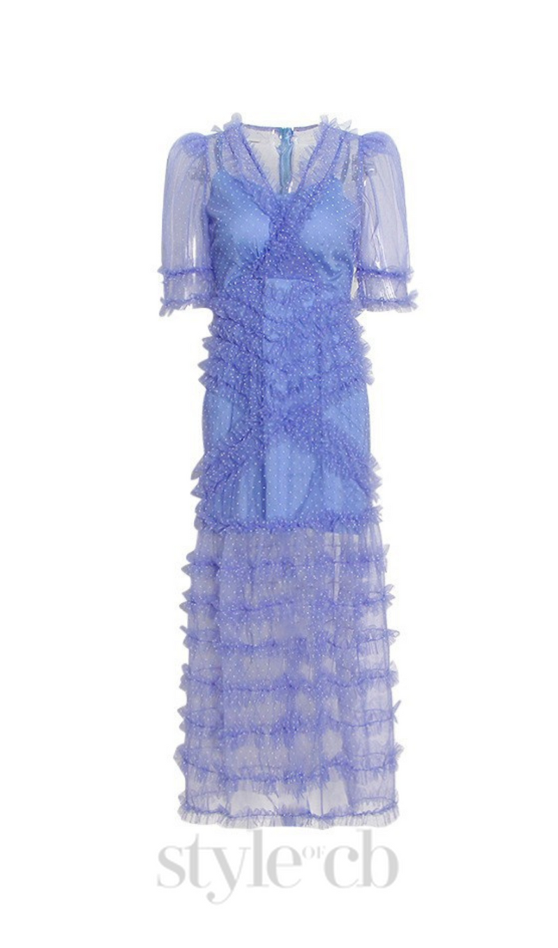 v-neckline tiered mesh gown in blue