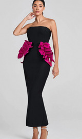 PLEATED ORNAMENTED BANDAGE MAXI DRESS IN BLACK
