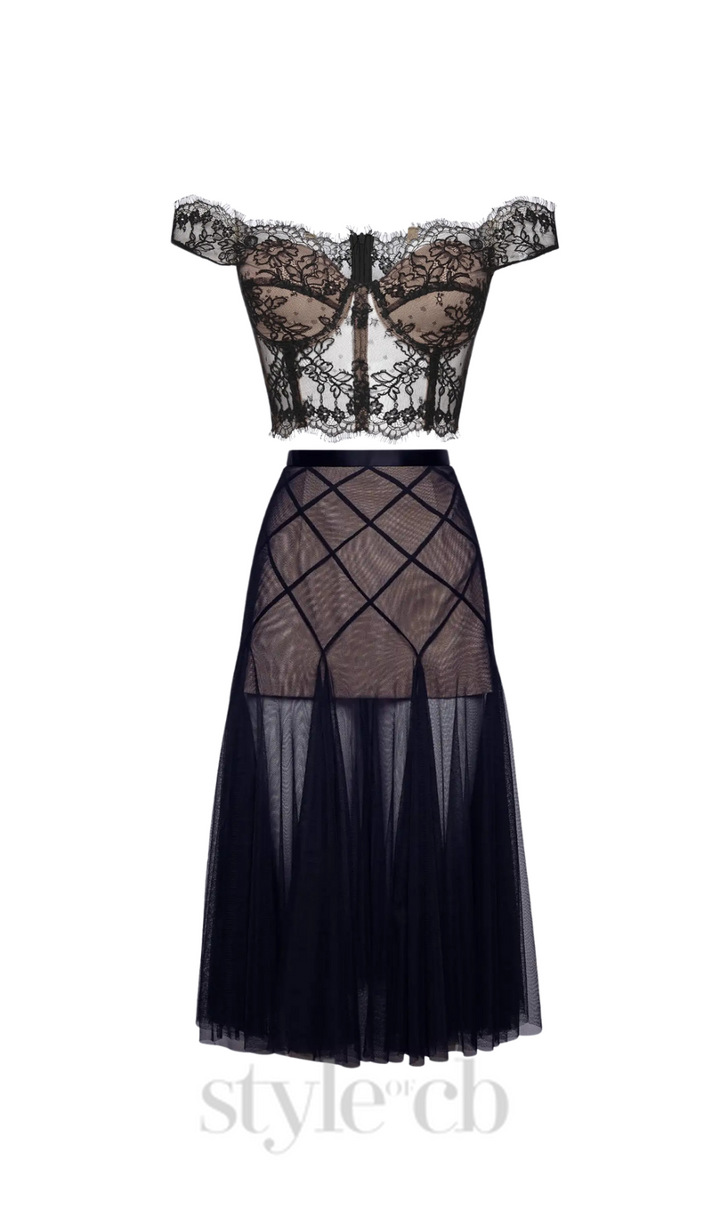 floral dentelle off-shoulder bustier corset net skirt set