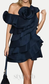 Shelyn Flower One Shoulder Ruffle Mini Dress In Black