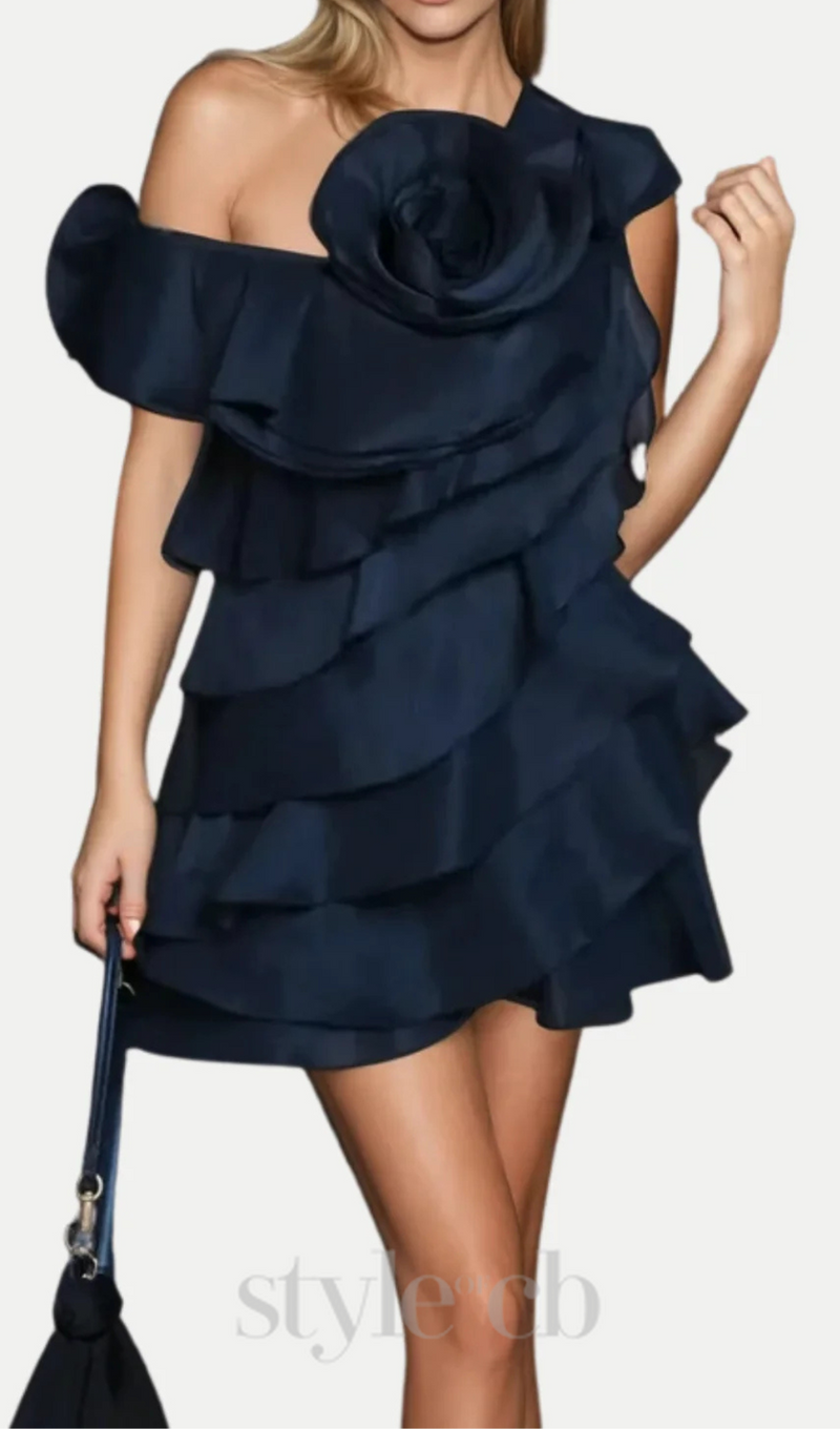 Shelyn Flower One Shoulder Ruffle Mini Dress In Black