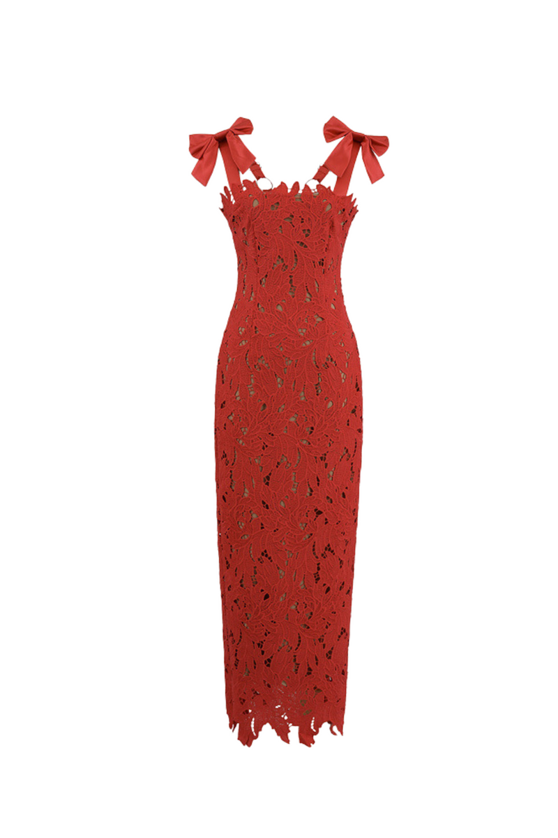 hermosa Bow Strap Embroidered Lace Maxi Dress in red