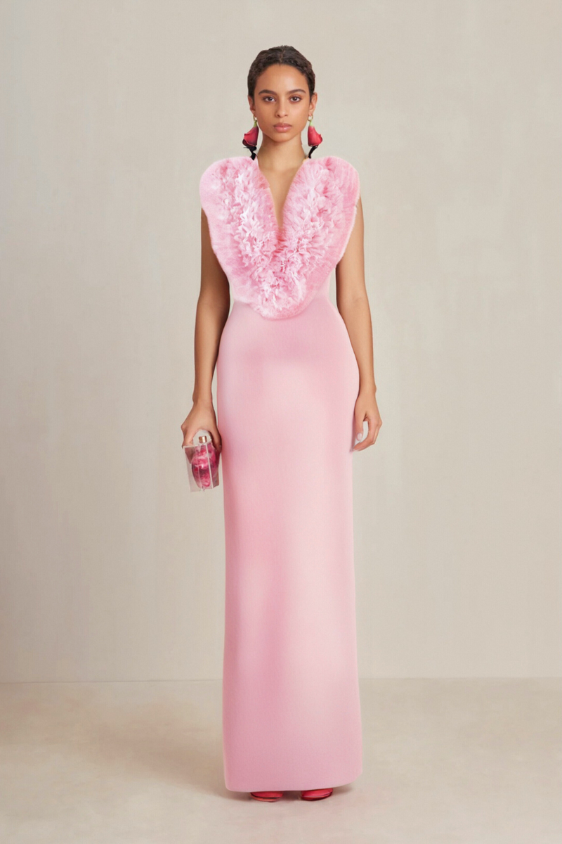 PINK SLEEVELESS FAUX FUR MIDI DRESS